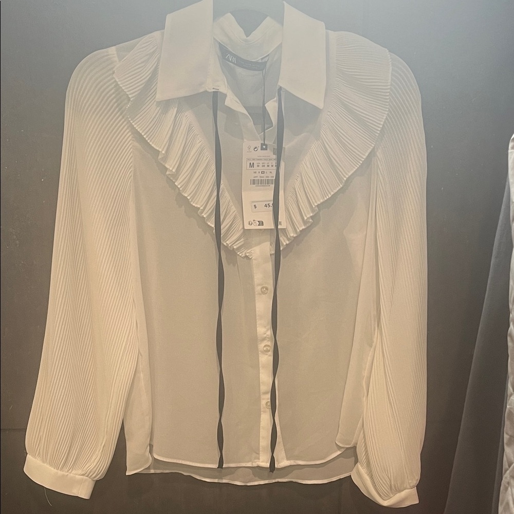 Zara White sheer Blouse with Ruffled Detail